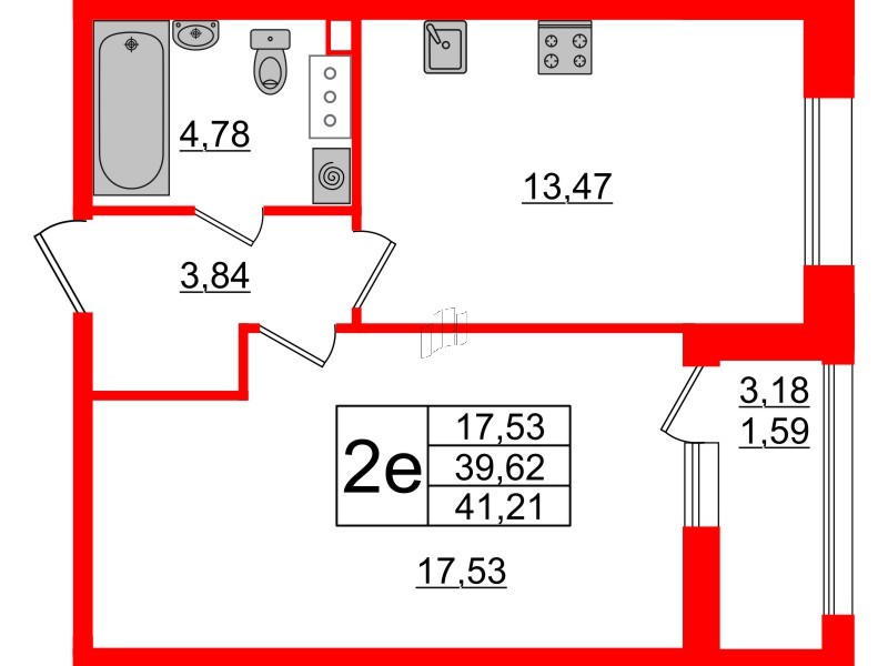 Квартира в ЖК Аквилон Leaves, 1 комнатная, 41.14 м², 9 этаж