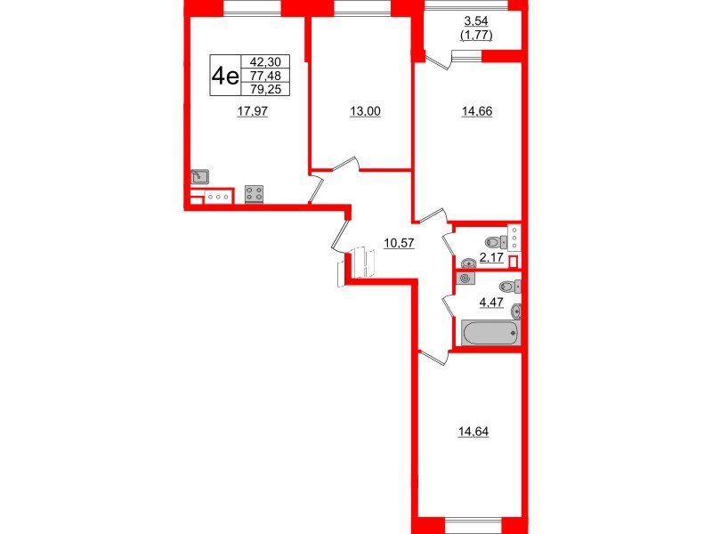 Квартира в ЖК Аквилон Leaves, 3 комнатная, 79.25 м², 7 этаж