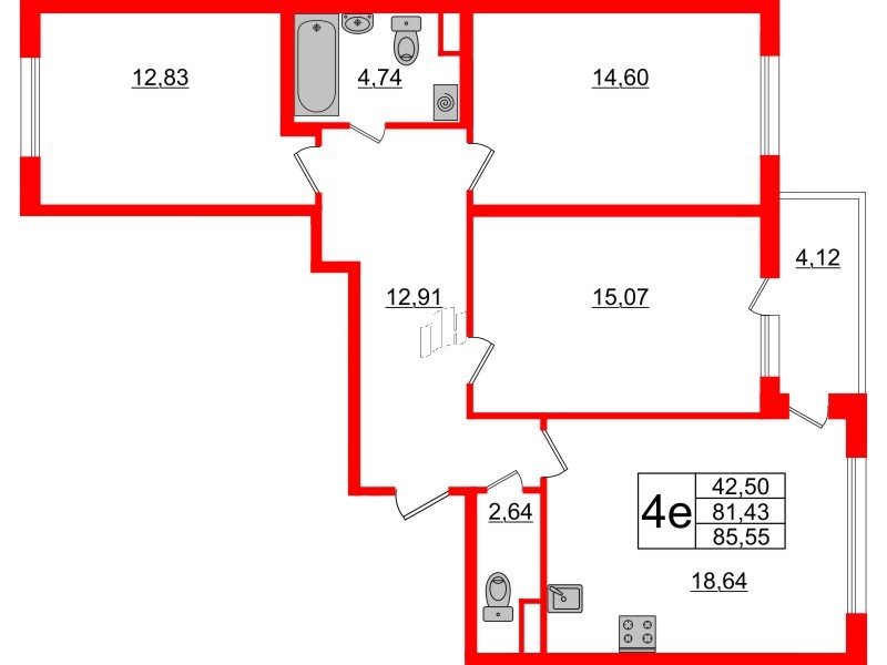 Квартира в ЖК ЯСНО.ЯНИНО, 3 комнатная, 85.55 м², 1 этаж
