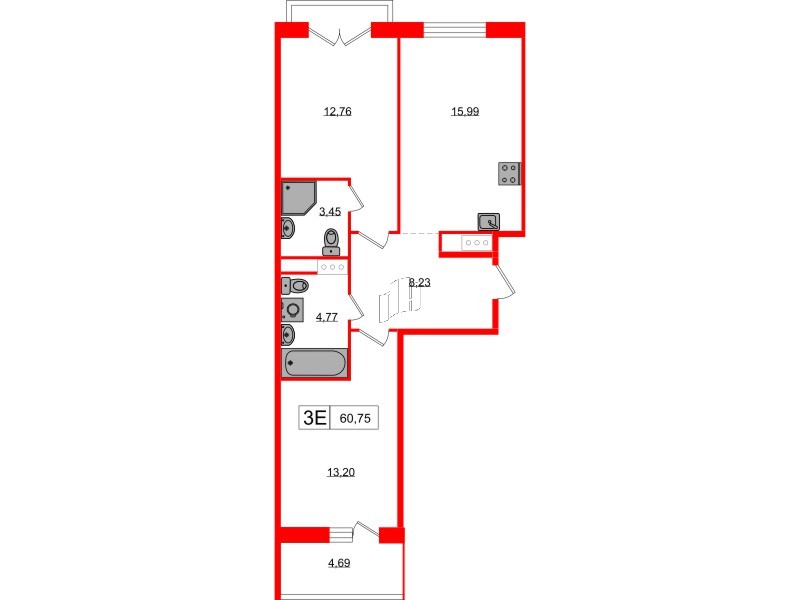 Квартира в ЖК Янила, 2 комнатная, 61.6 м², 2 этаж