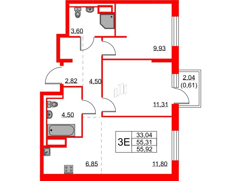 Квартира в ЖК Квартал Лаголово, 2 комнатная, 55.92 м², 7 этаж