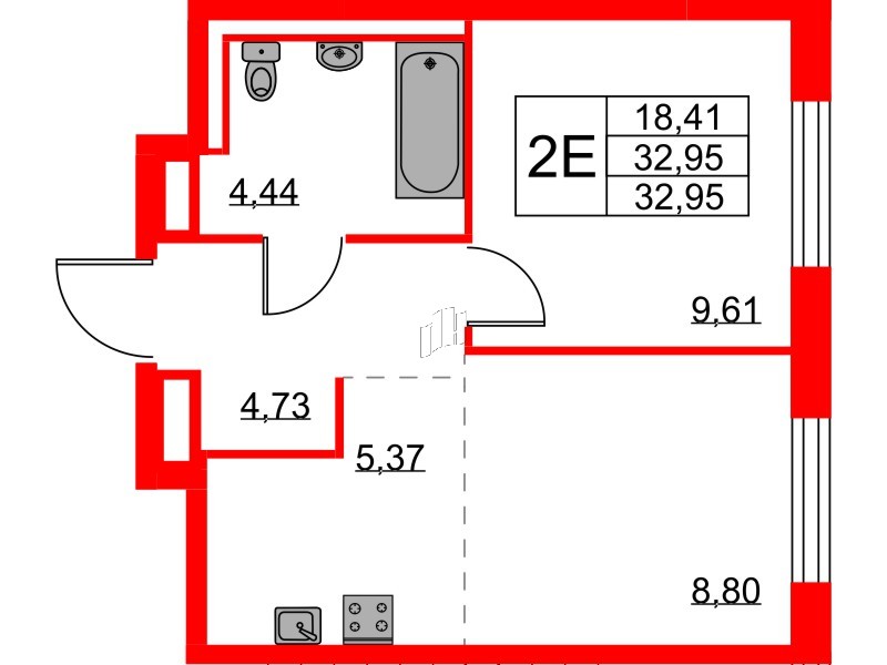 Квартира в ЖК Квартал Лаголово, 1 комнатная, 32.95 м², 7 этаж