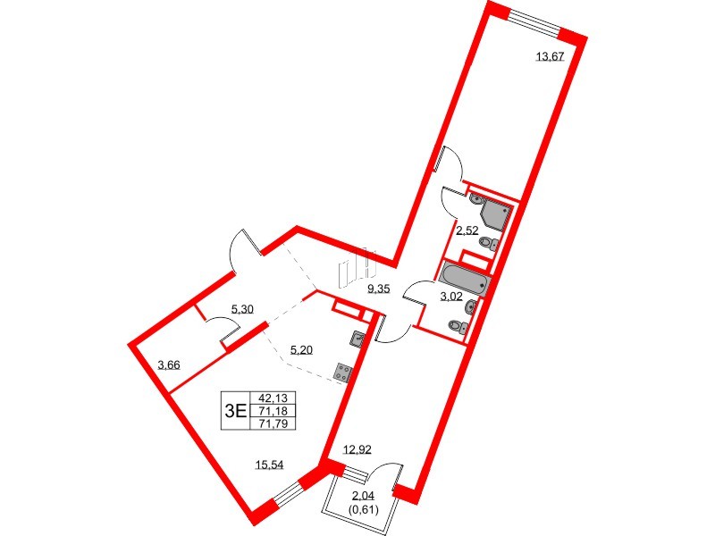 Квартира в ЖК Квартал Лаголово, 2 комнатная, 71.79 м², 3 этаж