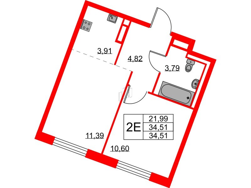 Квартира в ЖК Квартал Лаголово, 1 комнатная, 34.51 м², 5 этаж
