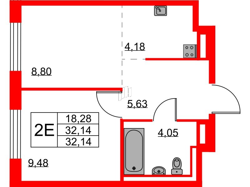 Квартира в ЖК Квартал Лаголово, 1 комнатная, 32.14 м², 7 этаж