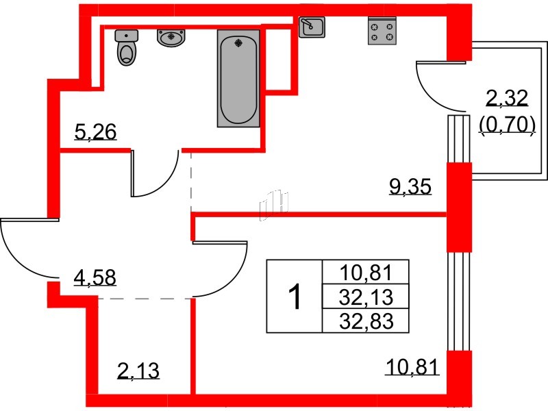 Квартира в ЖК Квартал Лаголово, 1 комнатная, 32.83 м², 3 этаж