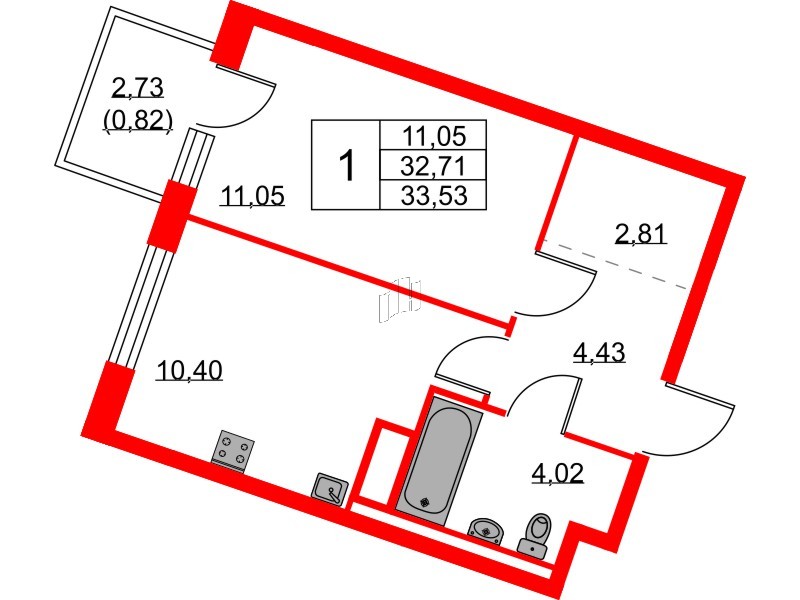 Квартира в ЖК Квартал Лаголово, 1 комнатная, 33.53 м², 3 этаж