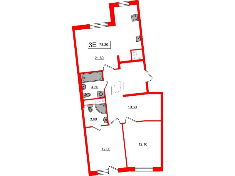 Квартира в ЖК 'OKLA', 2 комнатная, 72.15 м², 1 этаж