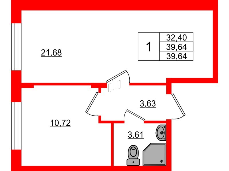 Квартира в ЖК Верево Сити, 1 комнатная, 39.64 м², 1 этаж