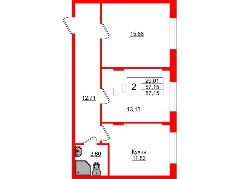 Квартира в ЖК Верево Сити, 2 комнатная, 57.15 м², 1 этаж