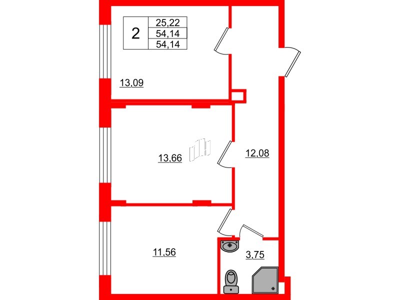 Квартира в ЖК Верево Сити, 2 комнатная, 54.14 м², 1 этаж
