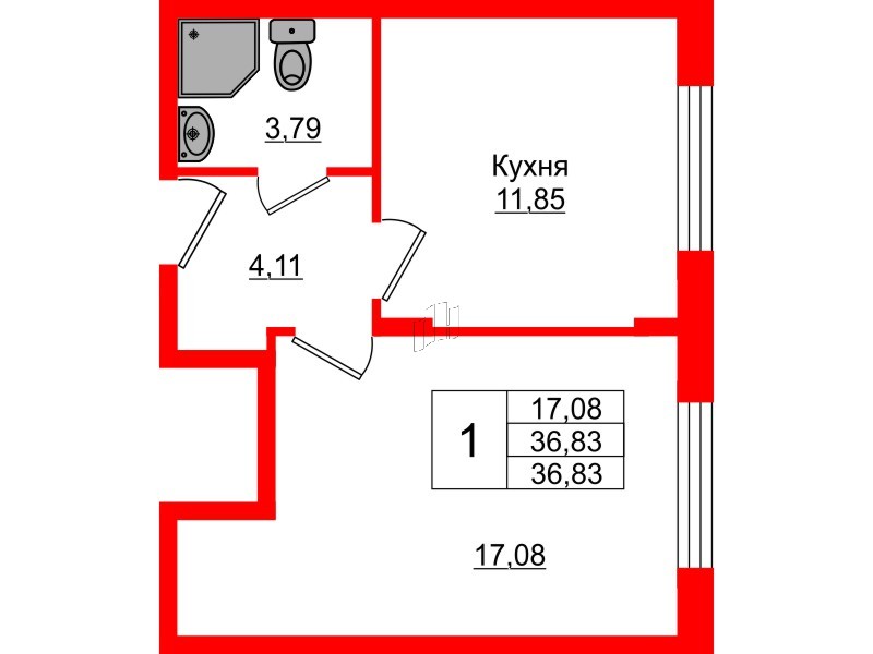 Квартира в ЖК Верево Сити, 1 комнатная, 36.83 м², 1 этаж