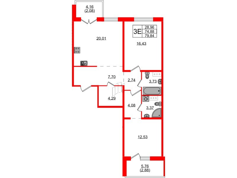 Квартира в ЖК «Ю Гатчина», 2 комнатная, 80.1 м², 4 этаж