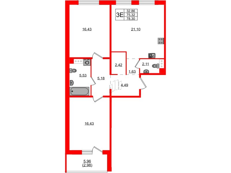 Квартира в ЖК «Айкью Гатчина», 2 комнатная, 78.1 м², 2 этаж