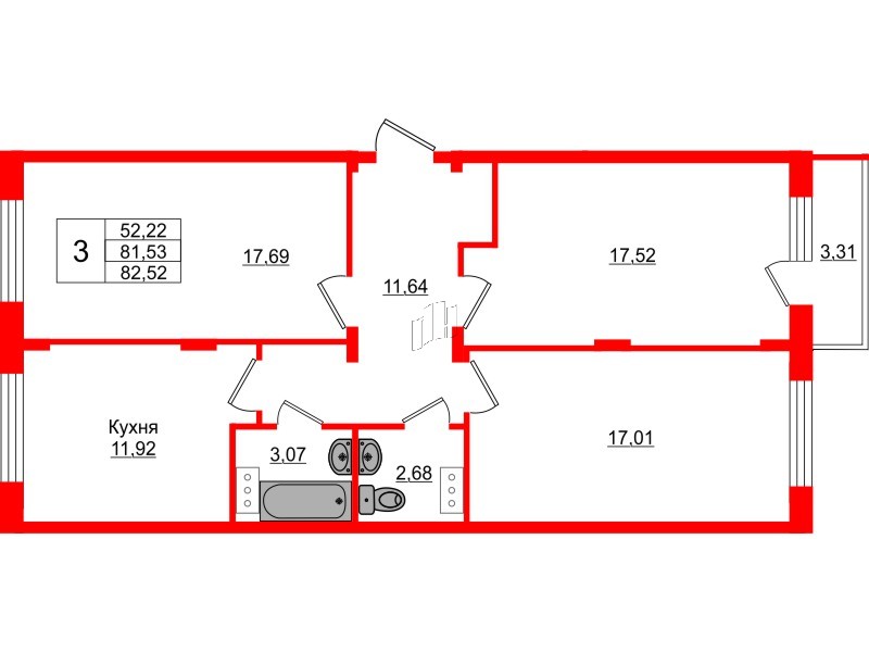 Квартира в ЖК Верево Сити, 3 комнатная, 81.11 м², 4 этаж
