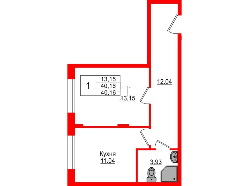 Квартира в ЖК Верево Сити, 1 комнатная, 40.16 м², 1 этаж
