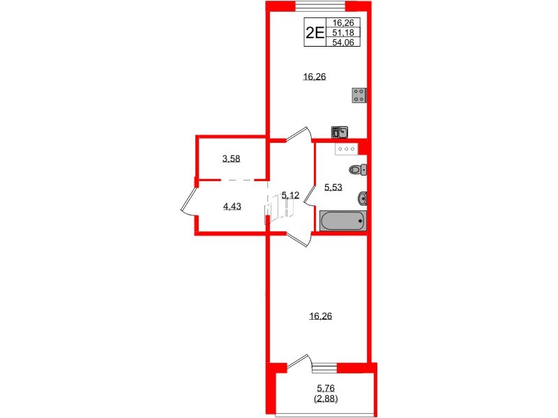 Квартира в ЖК «IQ», 1 комнатная, 53.4 м², 1 этаж