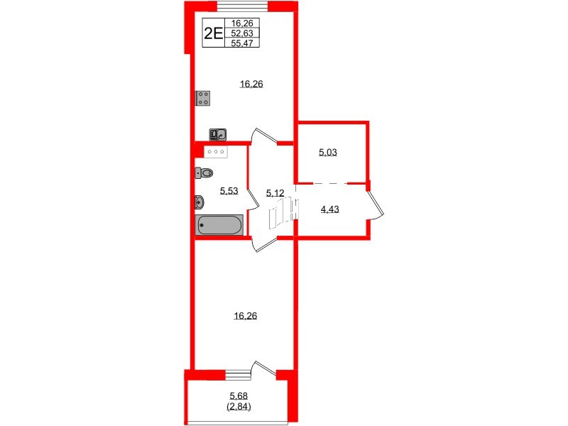 Квартира в ЖК «IQ», 1 комнатная, 54.9 м², 1 этаж