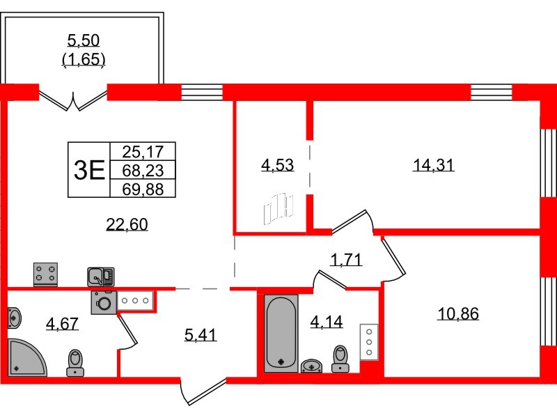 Квартира в ЖК «Айкью Гатчина», 2 комнатная, 70 м², 9 этаж