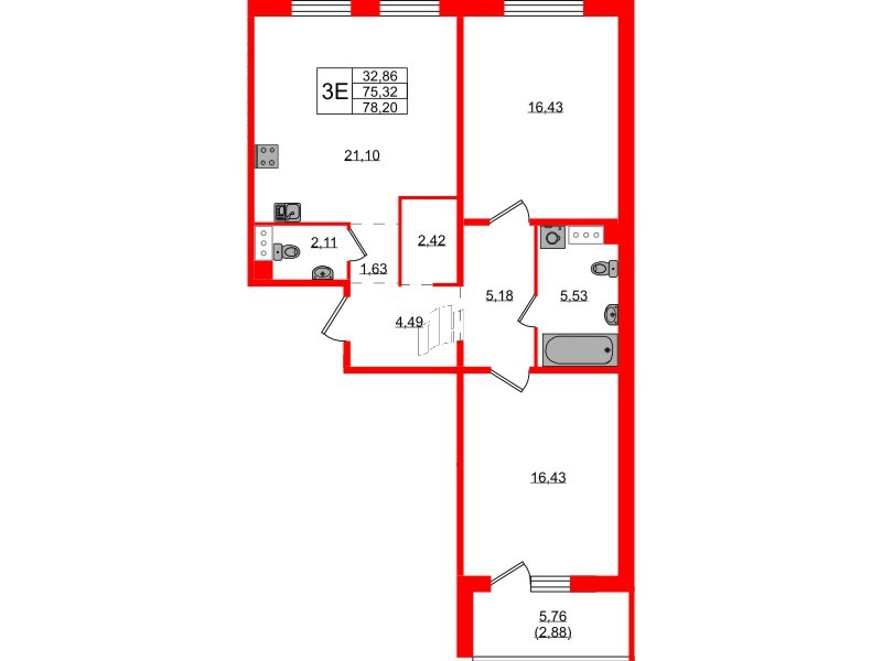 Квартира в ЖК «Айкью Гатчина», 2 комнатная, 78.4 м², 3 этаж