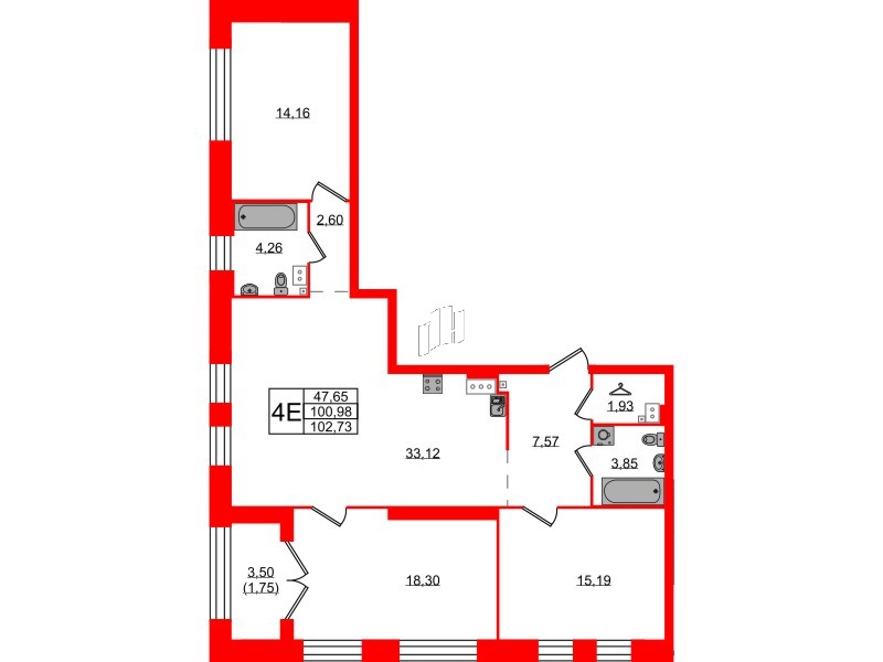 Квартира в ЖК Наука, 3 комнатная, 103.4 м², 2 этаж