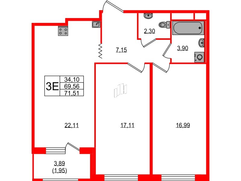 Квартира в ЖК Квартал «Воронцовский», 2 комнатная, 71.51 м², 7 этаж