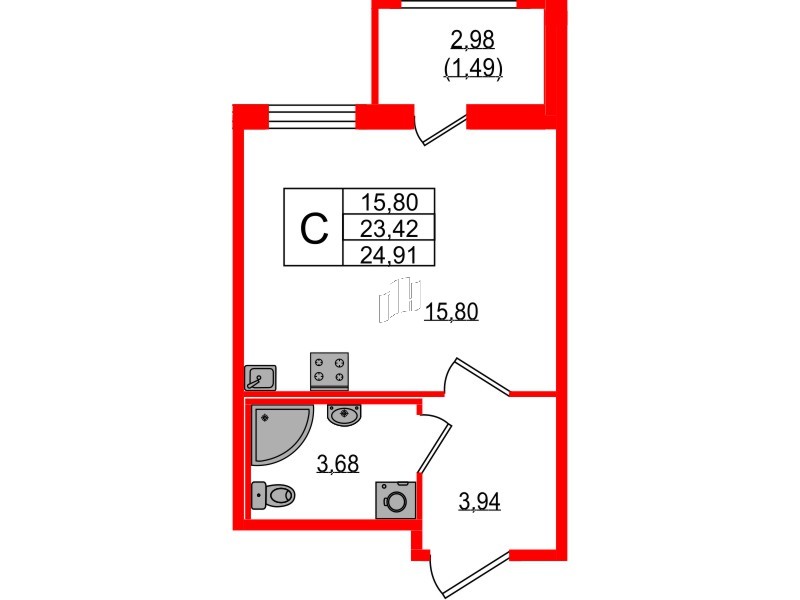 Квартира в ЖК Квартал «Воронцовский», студия, 24.91 м², 7 этаж