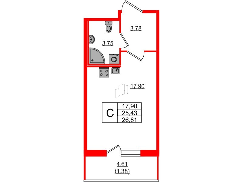 Квартира в ЖК Квартал «Воронцовский», студия, 26.81 м², 2 этаж