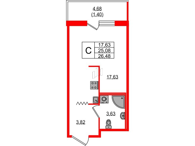 Квартира в ЖК Квартал «Воронцовский», студия, 26.48 м², 6 этаж
