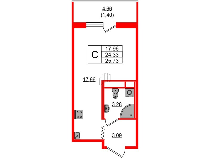 Квартира в ЖК Квартал «Воронцовский», студия, 25.73 м², 12 этаж