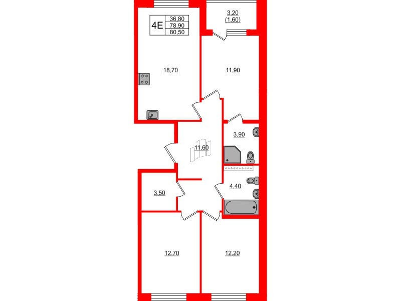 Квартира в ЖК Пулковский дом, 3 комнатная, 80.7 м², 4 этаж