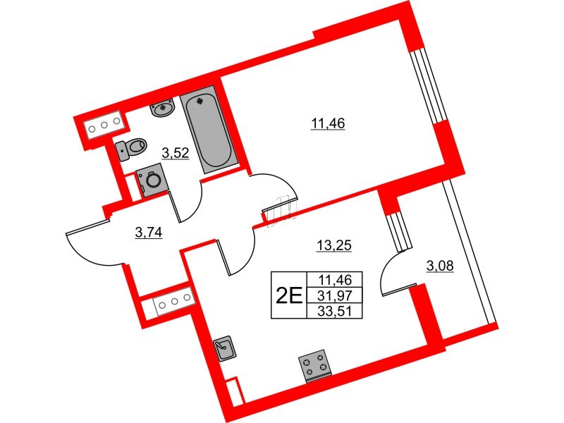 Квартира в ЖК Лето, 1 комнатная, 33.51 м², 14 этаж