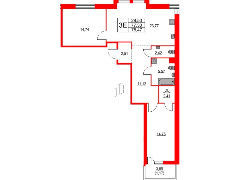 Квартира в ЖК «Таленто», 2 комнатная, 78.47 м², 3 этаж