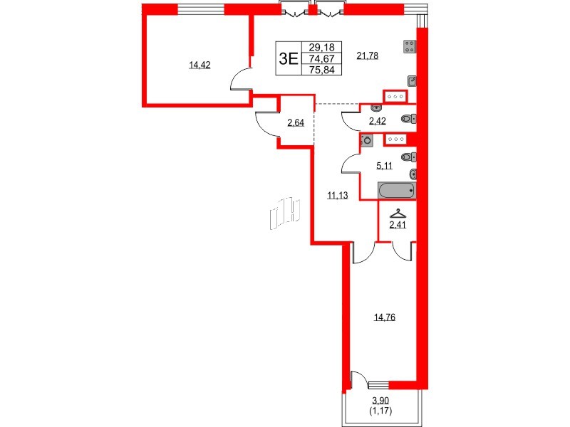 Квартира в ЖК TALENTO, 2 комнатная, 76.18 м², 6 этаж
