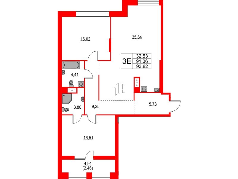 Квартира в ЖК TALENTO, 2 комнатная, 91.65 м², 5 этаж