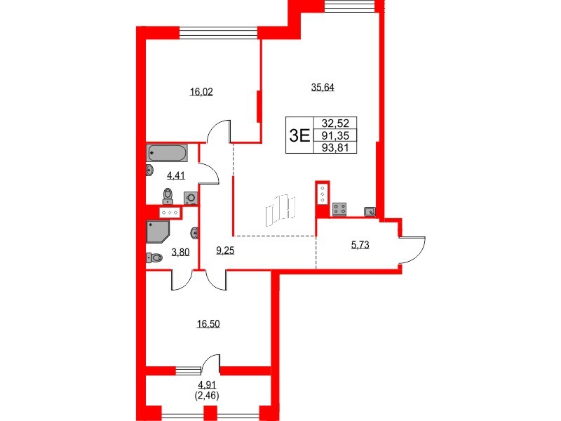 Квартира в ЖК TALENTO, 2 комнатная, 93.81 м², 6 этаж