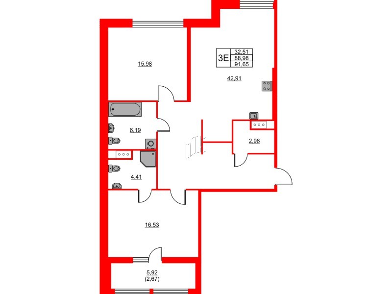 Квартира в ЖК «Таленто», 2 комнатная, 91.65 м², 7 этаж