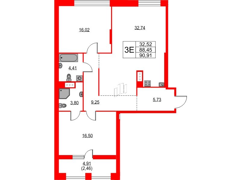 Квартира в ЖК «Таленто», 2 комнатная, 88.73 м², 8 этаж
