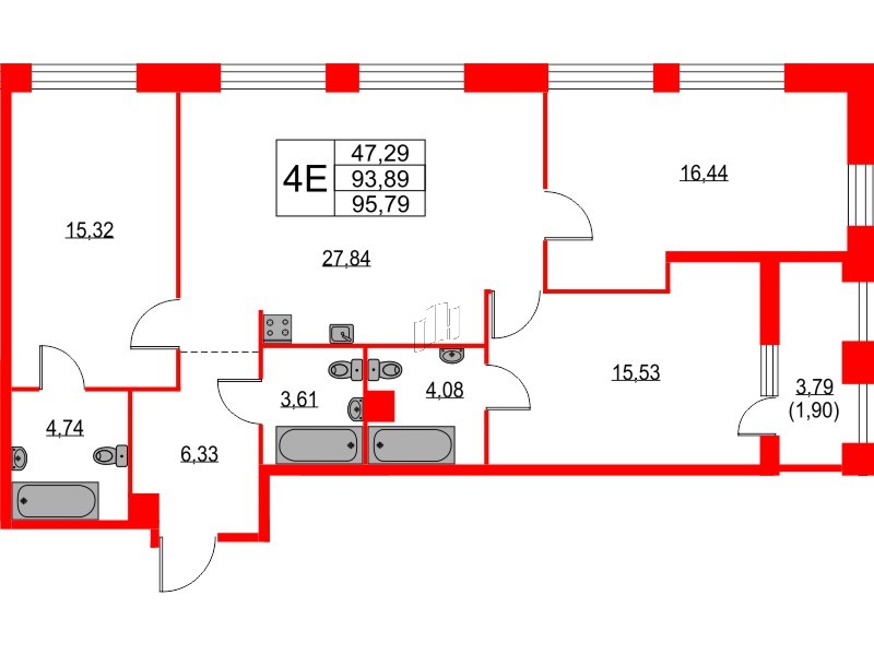 Квартира в ЖК TALENTO, 3 комнатная, 94.34 м², 3 этаж