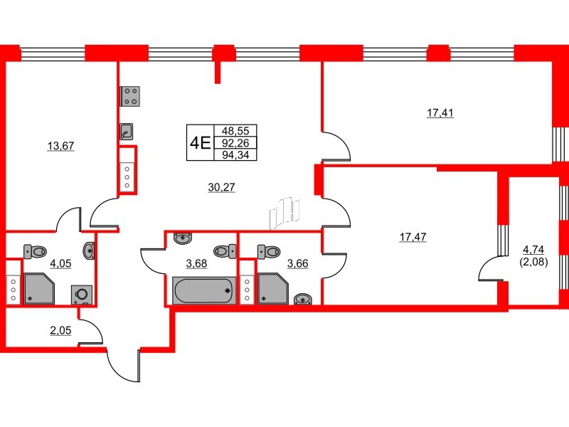Квартира в ЖК «Таленто», 3 комнатная, 94.34 м², 4 этаж