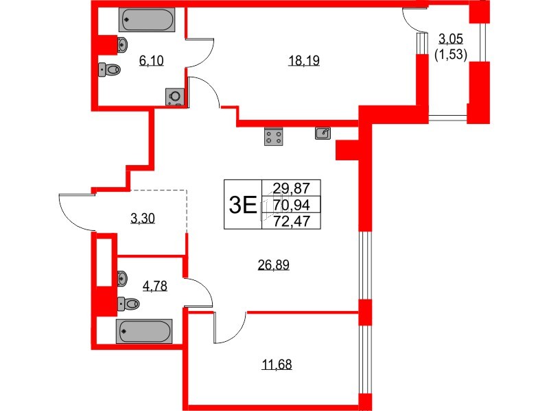 Квартира в ЖК TALENTO, 2 комнатная, 72.47 м², 3 этаж