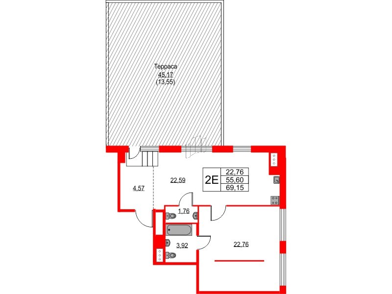 Квартира в ЖК «Таленто», 1 комнатная, 69.15 м², 9 этаж