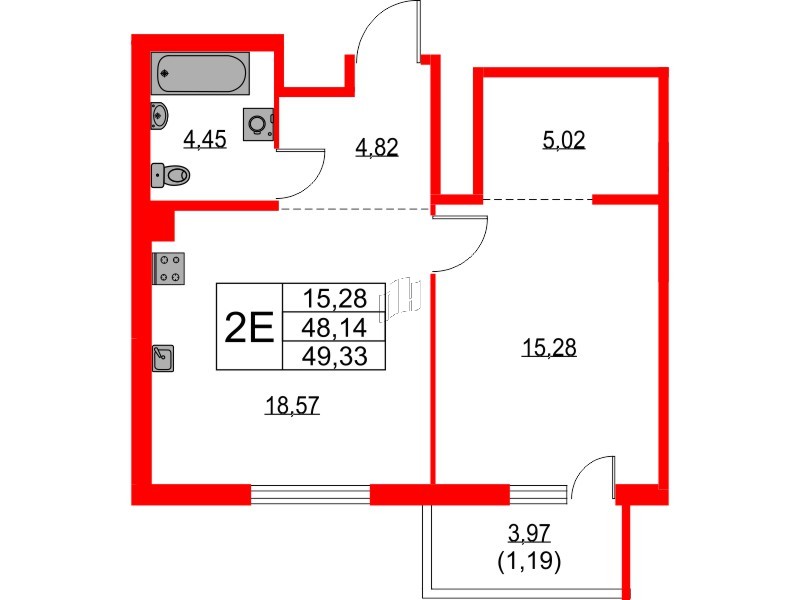 Квартира в ЖК TALENTO, 1 комнатная, 49.33 м², 3 этаж