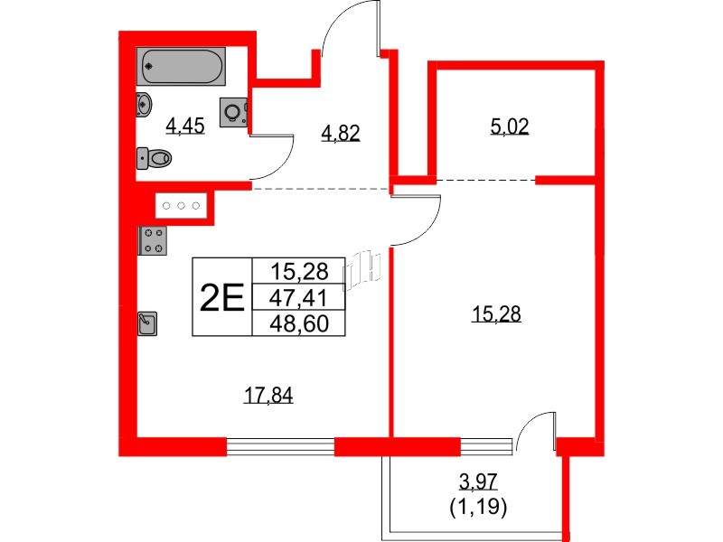 Квартира в ЖК TALENTO, 1 комнатная, 48.6 м², 6 этаж