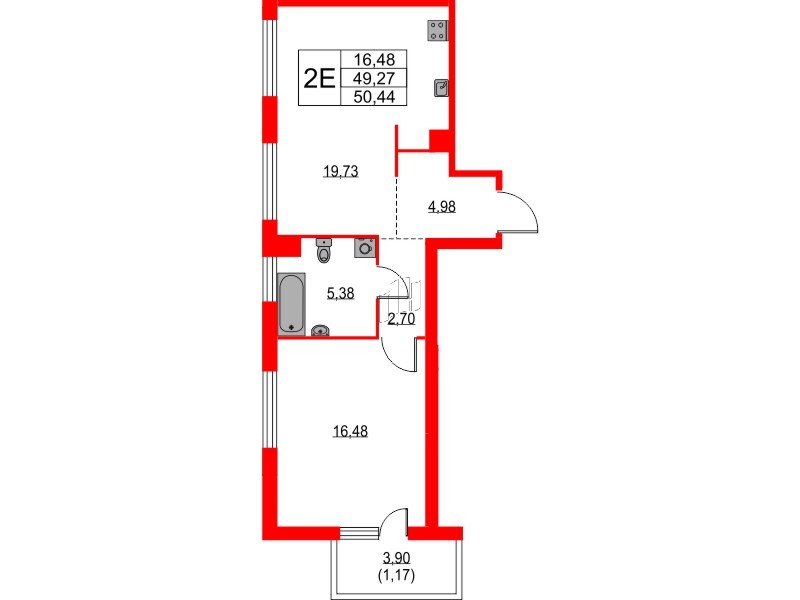 Квартира в ЖК TALENTO, 1 комнатная, 48.98 м², 3 этаж