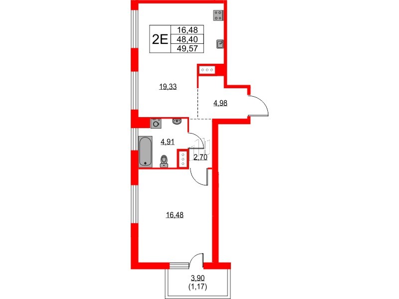 Квартира в ЖК TALENTO, 1 комнатная, 48.98 м², 12 этаж