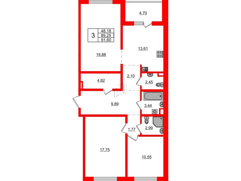 Квартира в ЖК «ЛесАрт», 3 комнатная, 91.6 м², 12 этаж
