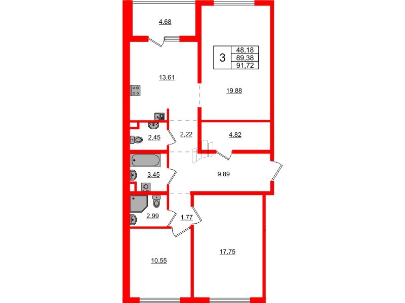 Квартира в ЖК «ЛесАрт», 3 комнатная, 91.72 м², 8 этаж