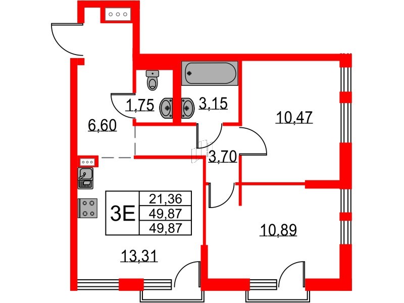 Квартира в ЖК Невская долина, 2 комнатная, 49.87 м², 17 этаж