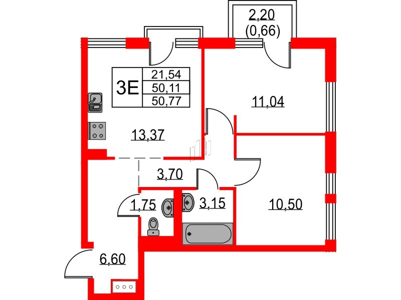 Квартира в ЖК Невская долина, 2 комнатная, 50.77 м², 7 этаж